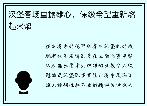 汉堡客场重振雄心，保级希望重新燃起火焰